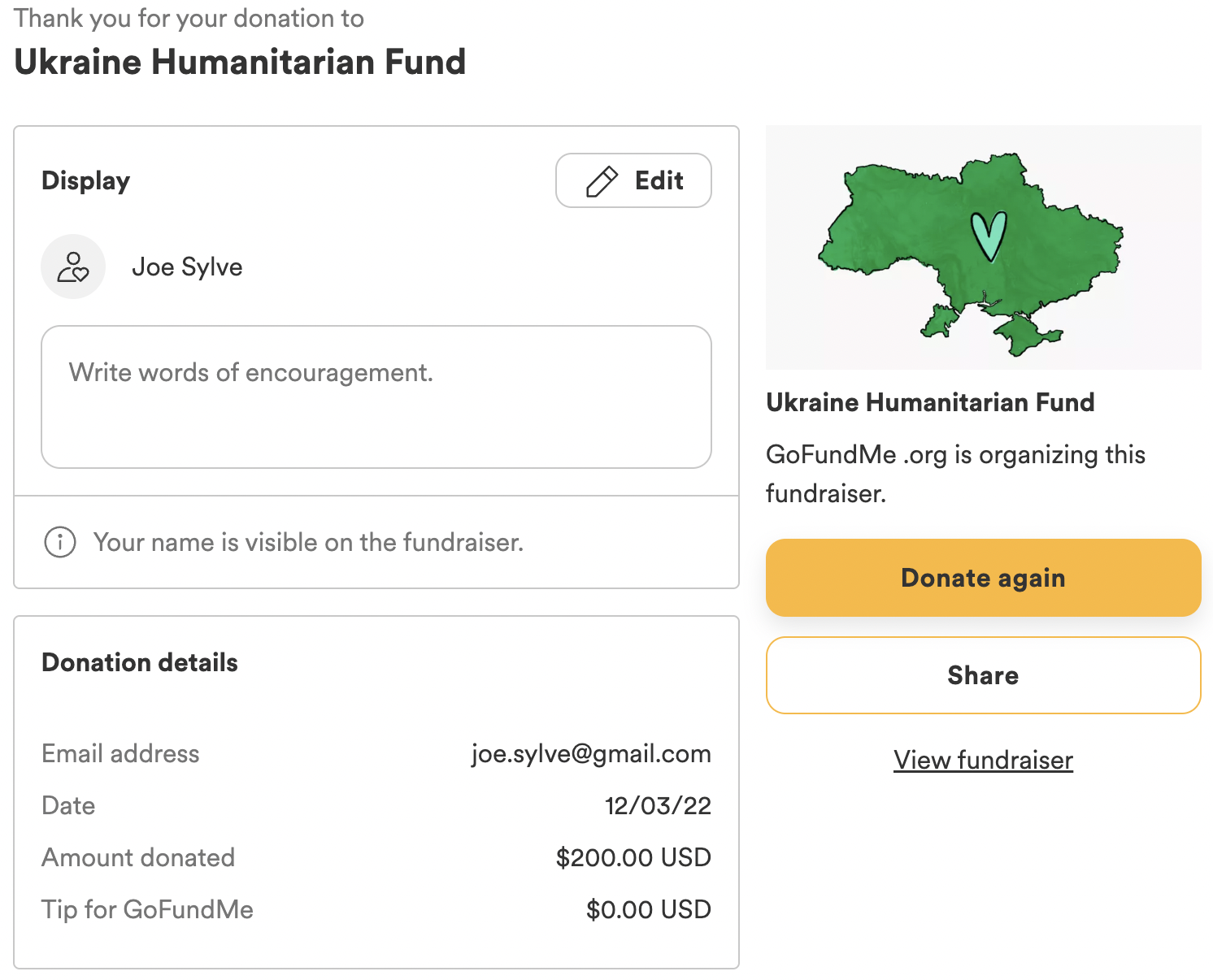 $200 donation to Ukraine Humanitarian Fund